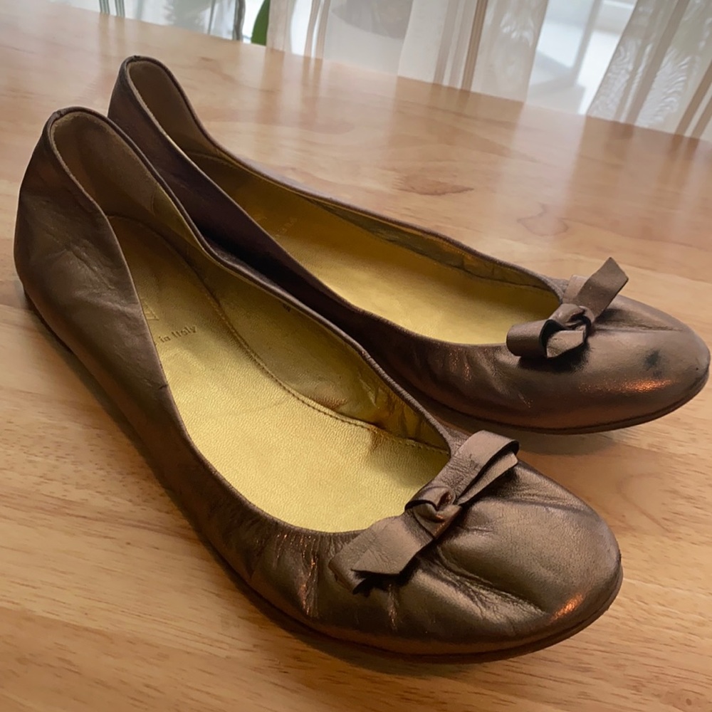 J Crew Metallic Leather Ballet Flats with Bow Accent